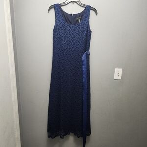 R&M Richard Women's Formal Midi Dress Size 10 Tall Lace Overlay Blue Fully Lined